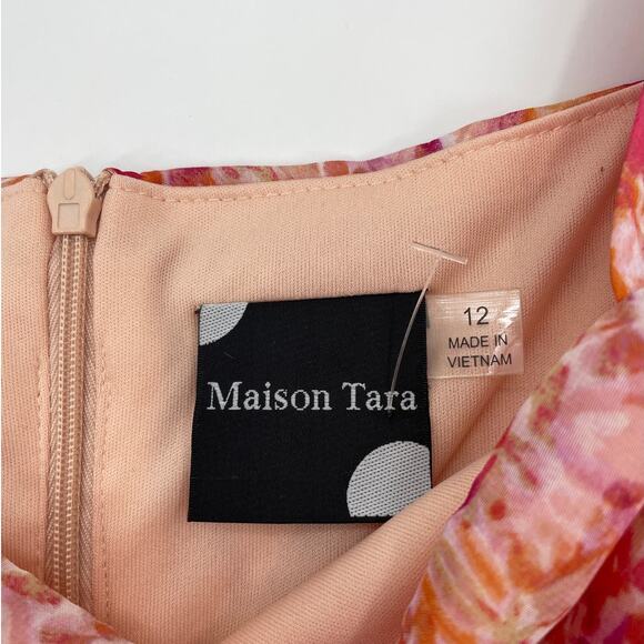 MAISON TARA Dress Size 12 Pink Floral Chiffon Square Neck Midi Maxi Cottage - Picture 3 of 9